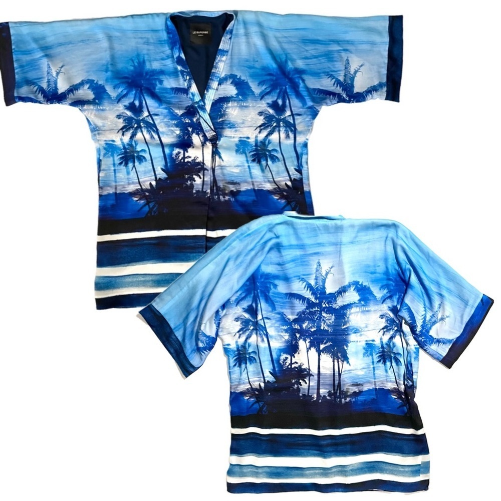 Le Superbe Palm Printed Kimono Robe Jacket Ocean Blue One Size